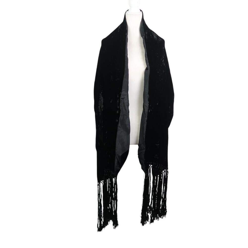 Vintage 80s Black Velvet Piano Shawl Scarf w/ Fringe Draped Wrap